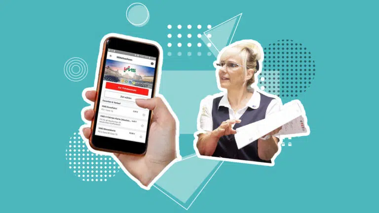 Collage: Eine freundliche Kundenbetreuerin hält einen Fahrplan in der Hand, links daneben eine große Hand hält ein großes Smartphone, das Display zeigt eine App zum Erwerb von Fahrscheinen
