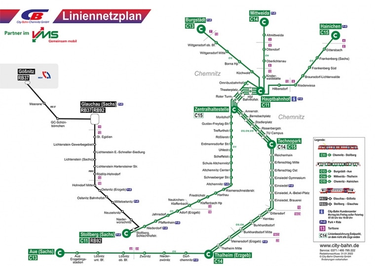 Liniennetzplan der City-Bahn Chemnitz