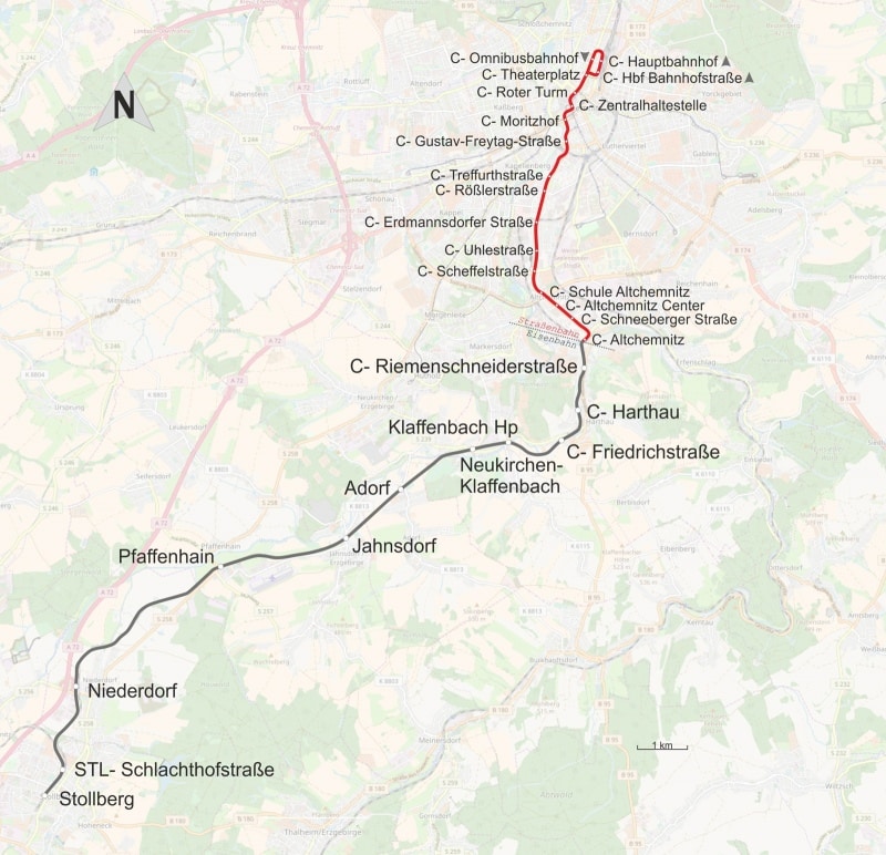 Linienführung C11 Chemnitz - Stollberg