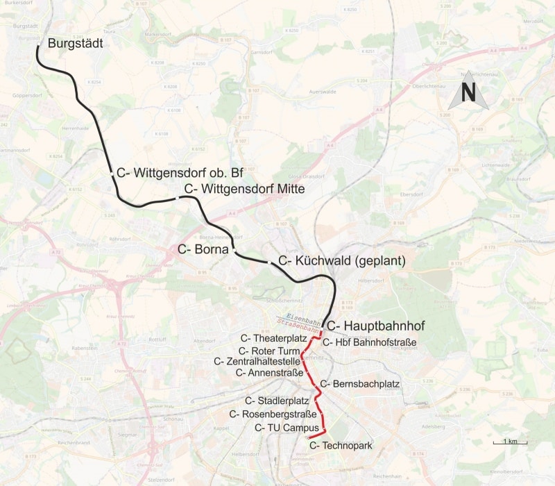 Linienführung C13 Chemnitz - Burgstädt