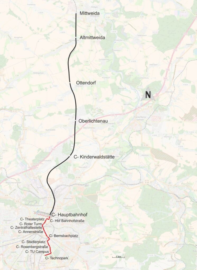 Linienführung C14 Chemnitz - Mittweida