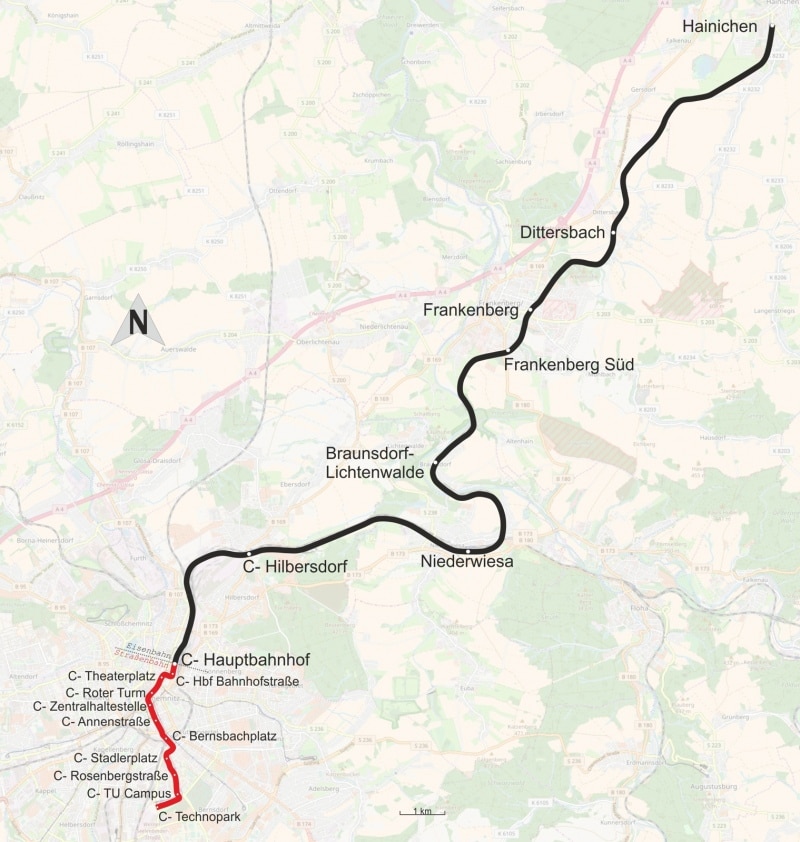 Linienführung C15 Chemnitz - Hainichen