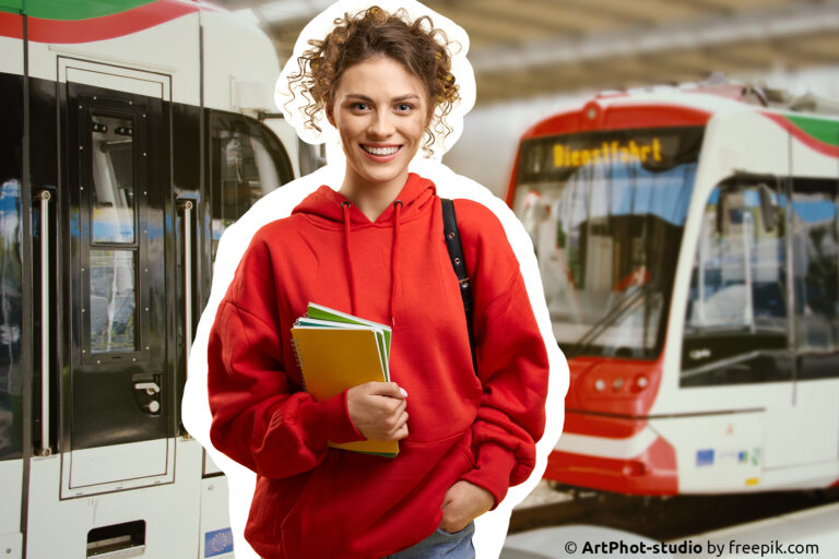 Collage: Im Mittelpunkt eine lächelnde junge Frau mit Rucksack über der linken Schulter und Schreibblöcken in der Hand, im Hintergrund zwei verschwommene Citylinks