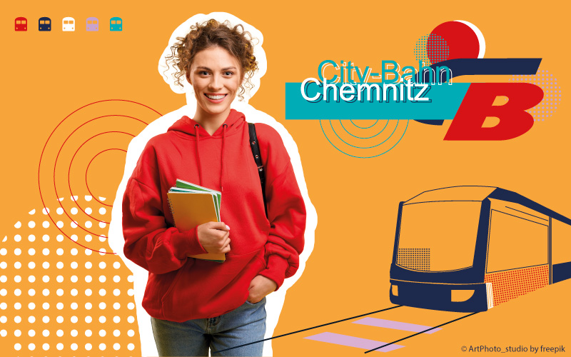 Collage zu Berufsinfotag Neumark CBC, Variante 2: Im Mittelpunkt eine lächelnde junge Frau mit Rucksack über der linken Schulter und Schreibblöcken in der Hand