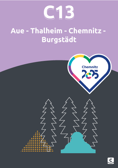 Stilisiertes Logo für die Linie C13 Aue - Thalheim - Chemnitz - Burgstädt, mit Logo der Kulturhauptstadt