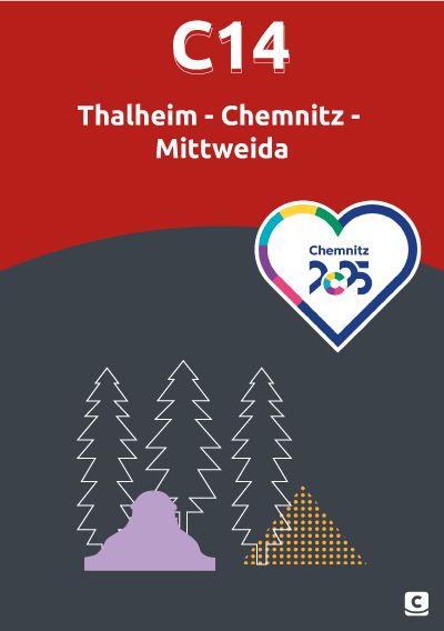 Stilisiertes Logo für die Linie C14 Thalheim - Chemnitz - Mittweida, mit Logo der Kulturhauptstadt